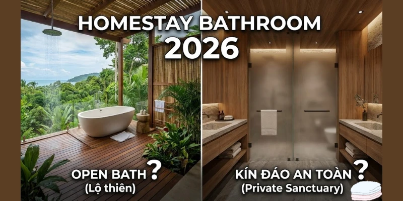Thiết kế nhà vệ sinh Homestay 2026: Nên làm Open Bath hay Kín đáo an toàn?