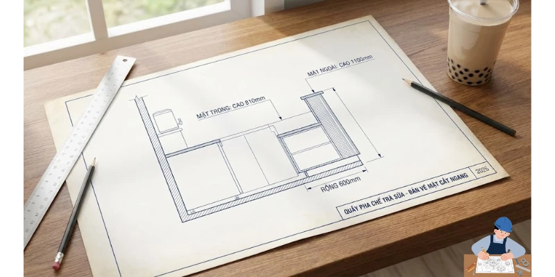 Chuẩn Kích thước quầy pha chế trà sữa 2026: Tối ưu vận hành & Dễ thao tác