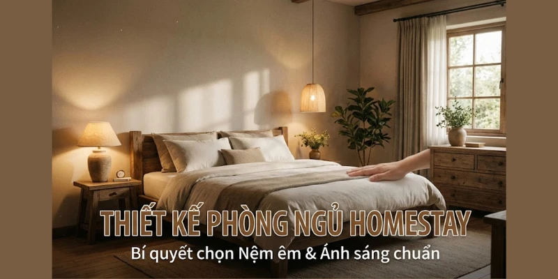 Thiết kế phòng ngủ Homestay 2026: Bí quyết chọn Nệm êm & Ánh sáng chuẩn