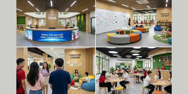 Thiết kế trung tâm Tiếng Anh năng động 2026: Kích thích Sáng tạo & Giao tiếp