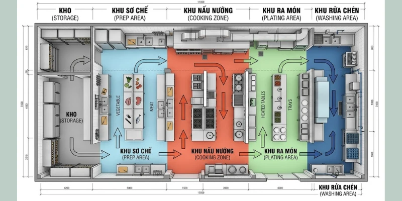 Sơ Đồ Bố Trí Thiết Bị Bếp Nhà Hàng: Tối Ưu Diện Tích & Giao Thông 1 Sơ Đồ Bố Trí Thiết Bị Bếp Nhà Hàng: Tối Ưu Diện Tích & Giao Thông