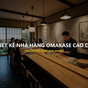 Không gian nhà hàng Omakase cao cấp với quầy bar gỗ Hinoki