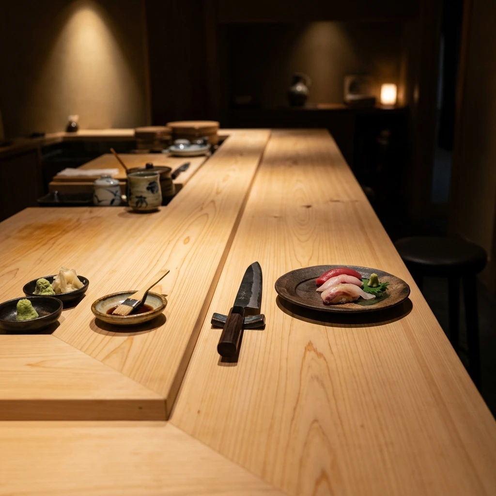 Tiêu chuẩn quầy bar Hinoki trong thiết kế Omakase