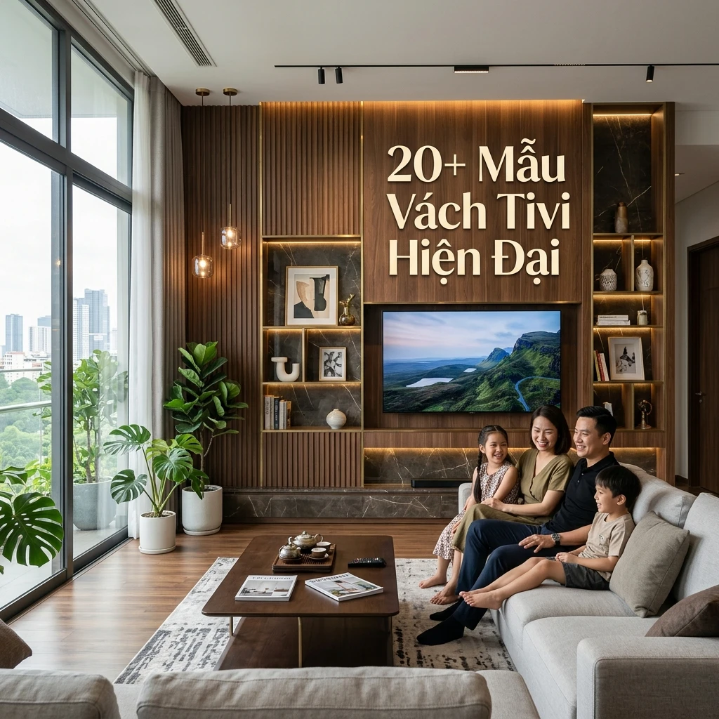 20+ Mẫu Vách Tivi Phòng Khách Hiện Đại & Cách Phân Chia Không Gian 2026 1 Mẫu vách tivi phòng khách hiện đại đẹp nhất 2026