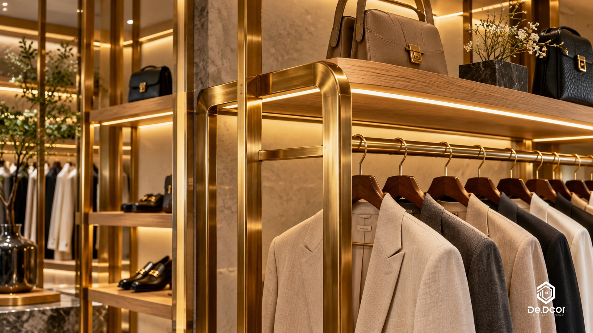 báo giá thiết kế thi công showroom - Gia công hệ giá kệ inox 304 mạ PVD vàng gương chịu lực cao cấp cho showroom - DeDcor