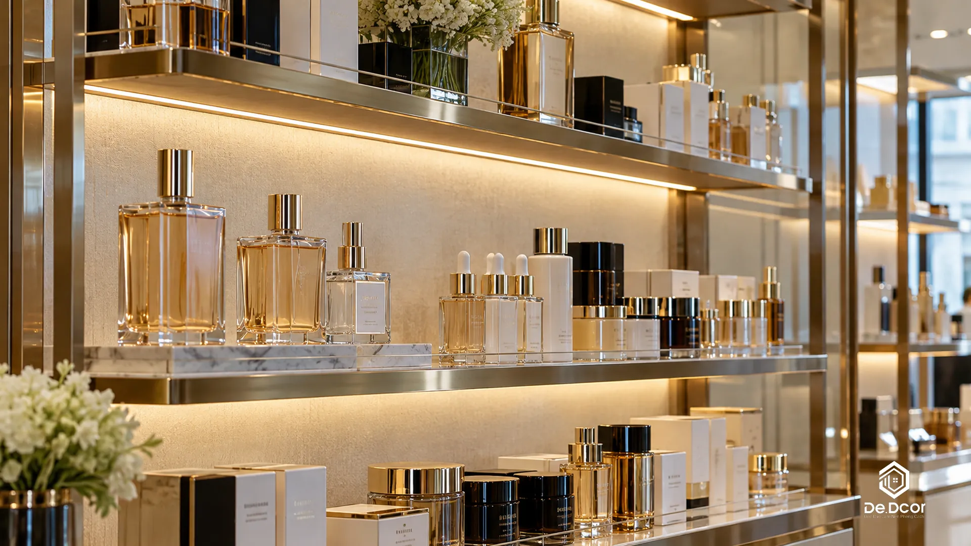 tủ kệ module trưng bày trong thiết kế showroom mỹ phẩm