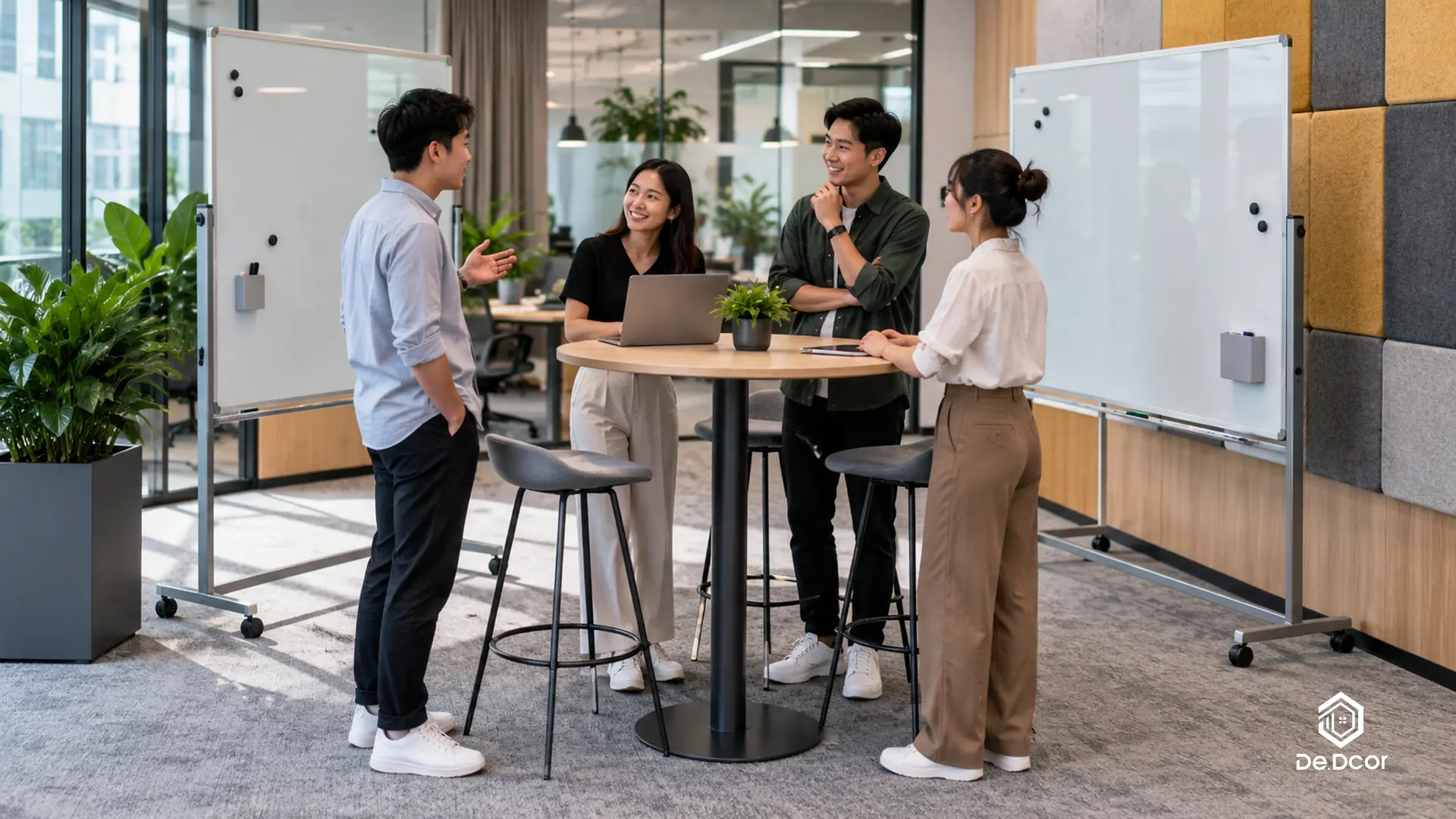 15+ Mẫu Thiết Kế Nội Thất Văn Phòng Không Gian Mở Hiện Đại 2026: Báo Giá & Tối Ưu Diện Tích 14 Mẫu 14 văn phòng mở góc họp đứng nhanh Standing Meeting Zone bàn tròn