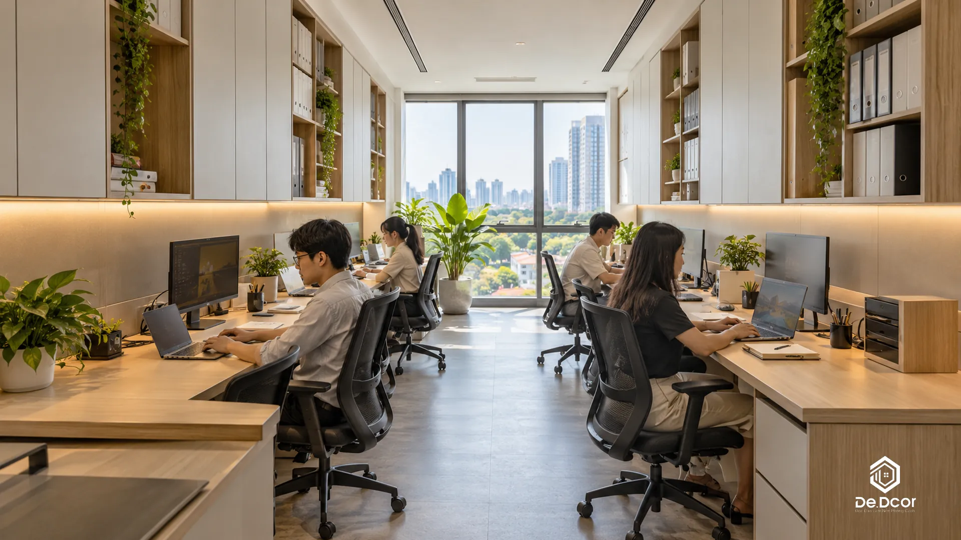 15+ Mẫu Thiết Kế Nội Thất Văn Phòng Không Gian Mở Hiện Đại 2026: Báo Giá & Tối Ưu Diện Tích 2 Mẫu 2 văn phòng mở 65m2 bàn làm việc chữ L áp tường tối ưu góc chết