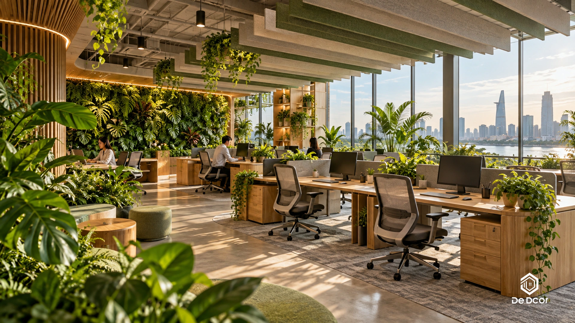Xu hướng thiết kế nội thất văn phòng hiện đại kết hợp không gian xanh biophilic 2026