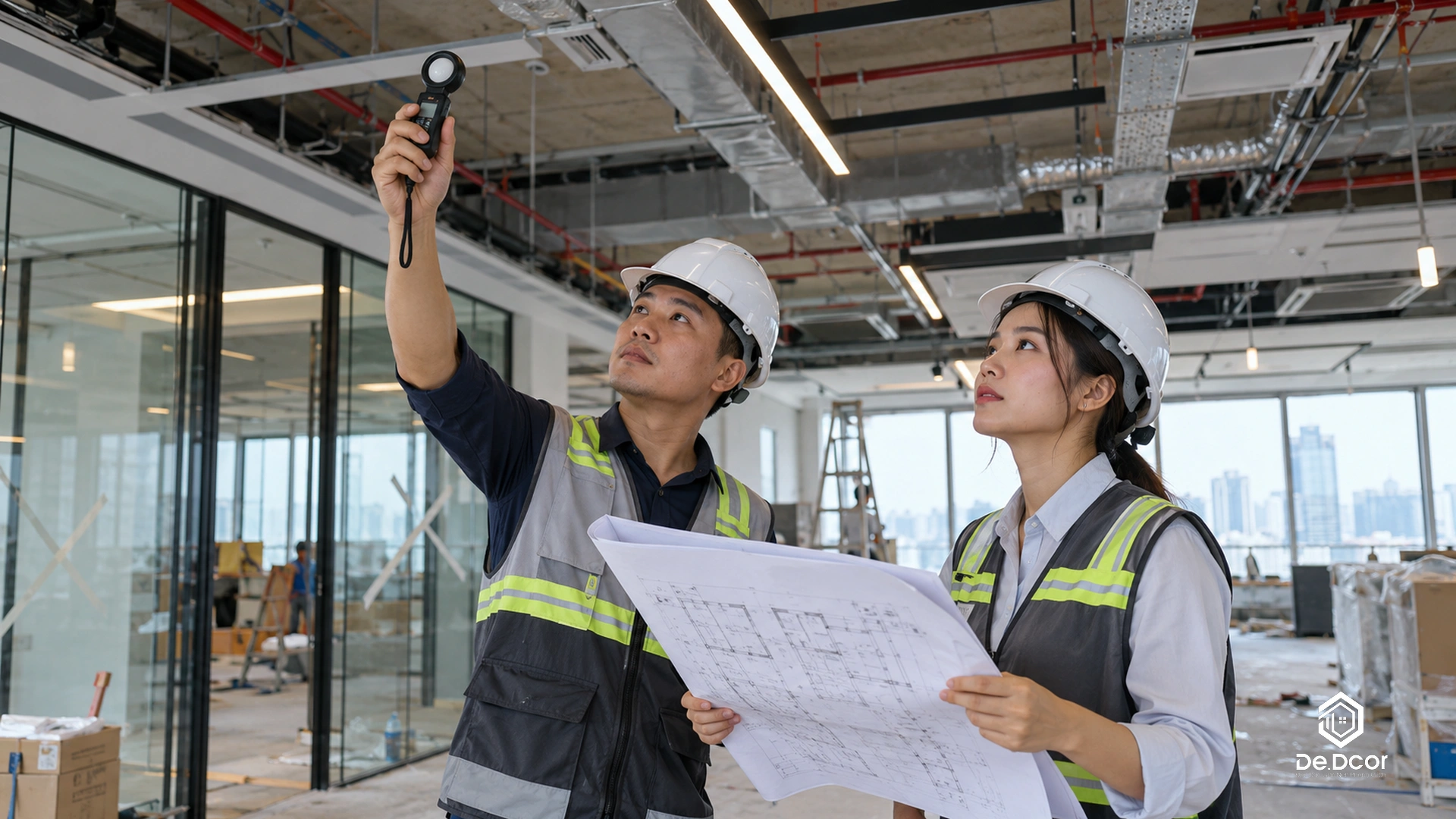 Đội ngũ giám sát kỹ thuật De.Dcor nghiệm thu hệ thống kỹ thuật MEP và nội thất văn phòng trước bàn giao