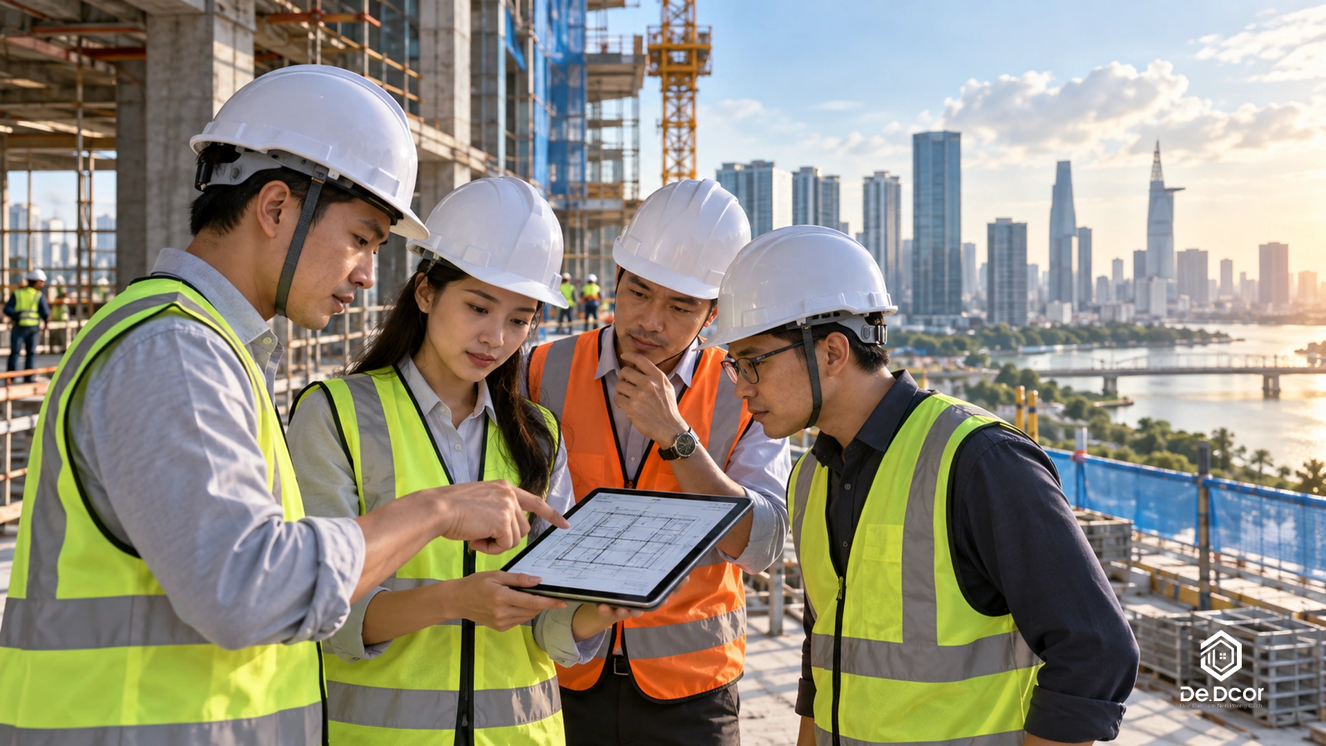 Đội ngũ kỹ sư và kiến trúc sư DeDcor giám sát khảo sát thực tế tại công trình văn phòng