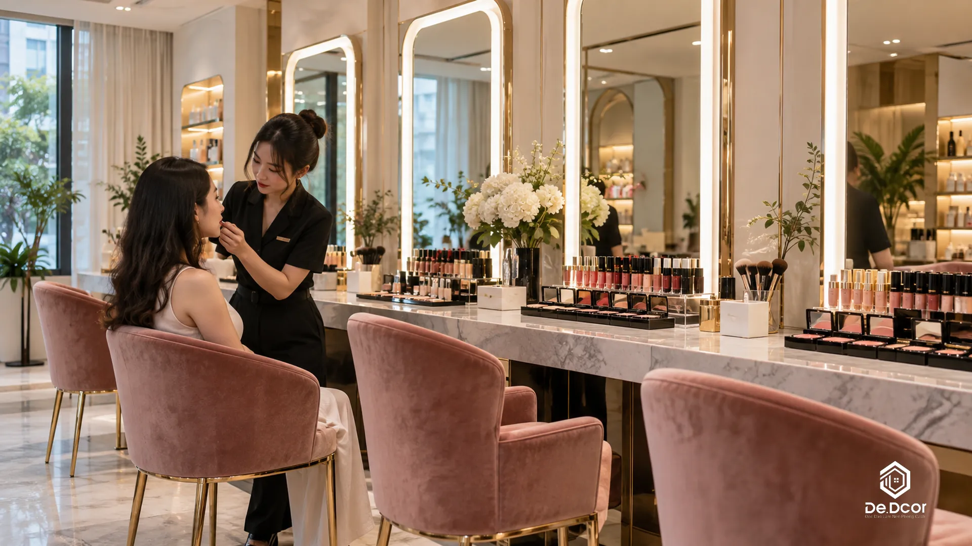 bàn trang điểm và quầy tư vấn trong thiết kế showroom mỹ phẩm