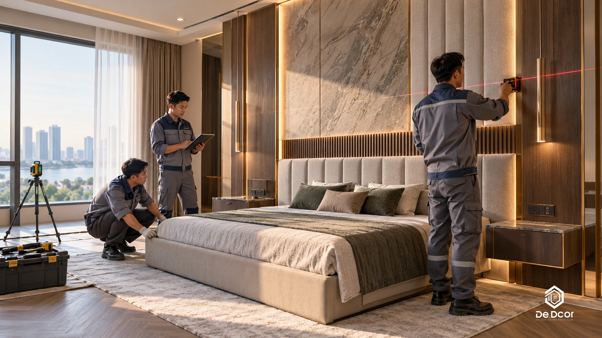 101+ Mẫu Background Phòng Ngủ Đẹp, Sang Trọng Dẫn Đầu Xu Hướng 2026 3 Kỹ sư DeDcor kiểm tra chất lượng thi công vách background phòng ngủ