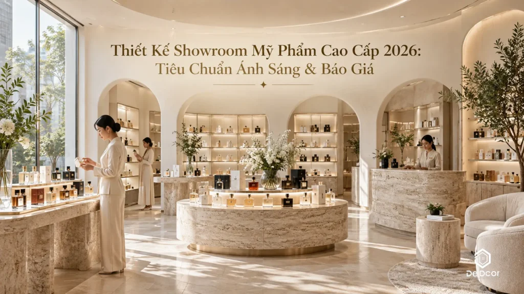 Thiết Kế Showroom Mỹ Phẩm Cao Cấp 2026: Tiêu Chuẩn Ánh Sáng & Báo Giá